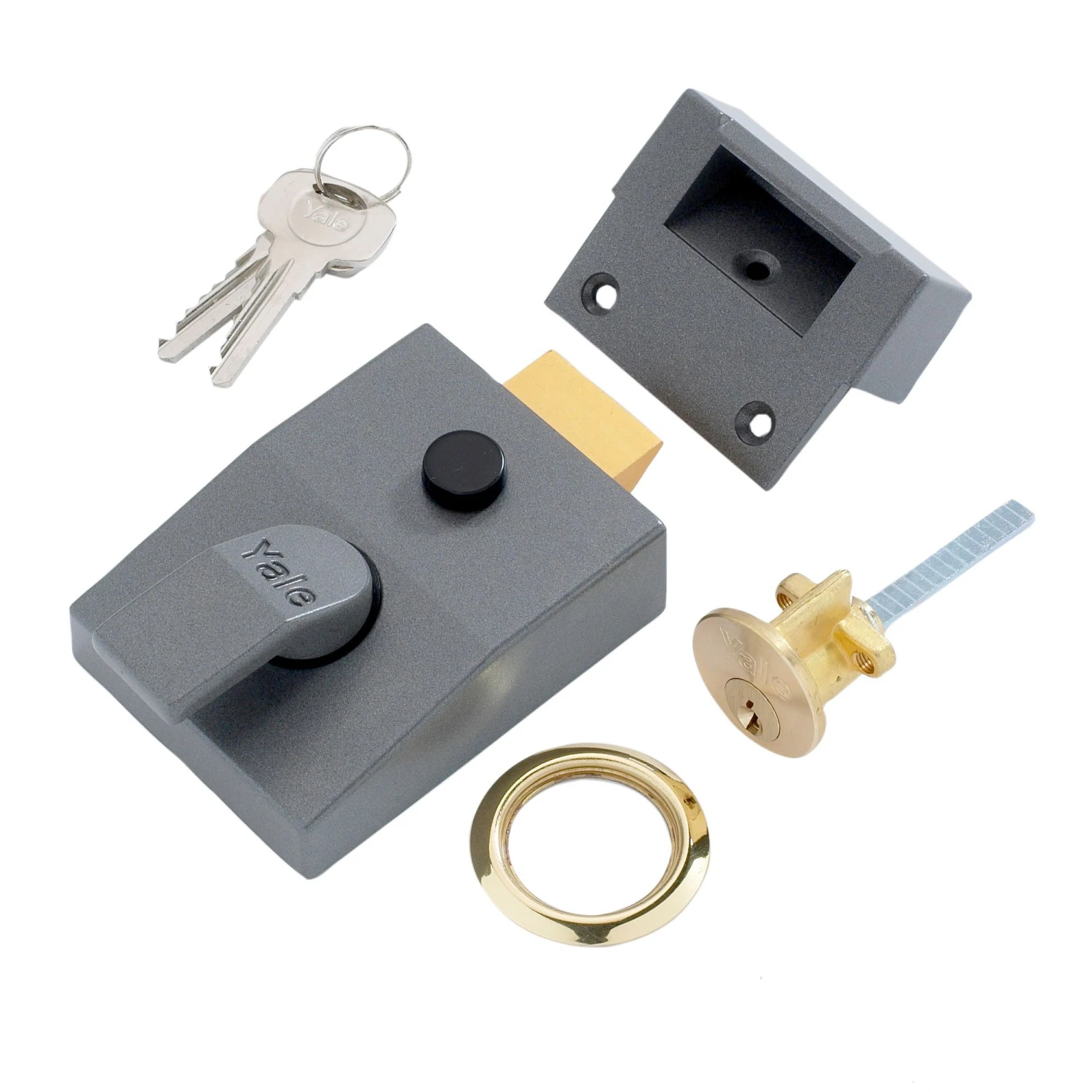 Yale Grey Brass Effect LH & RH Deadlock Night Latch, (H)70mm (W)93mm 1 Yale Grey Brass Effect LH & RH Deadlock Night Latch, (H)70mm (W)93mm